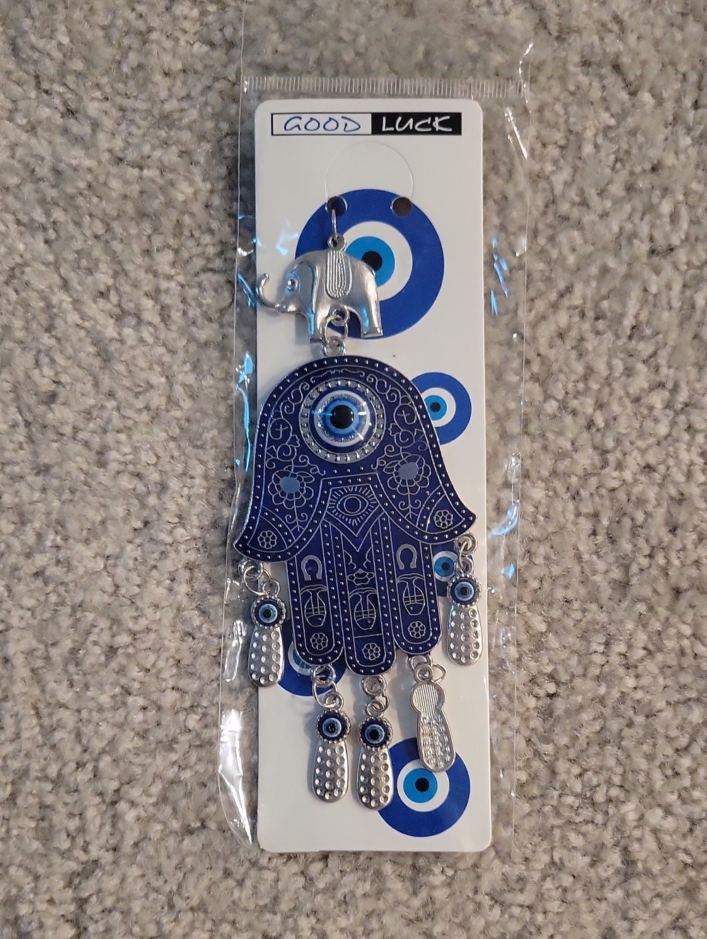 Good Luck Blue Hamsa Hand Key & Card Holder with Elephant Charm